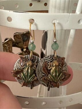 Silver Forest Green and Mixed Metal Frog Drop Earrings